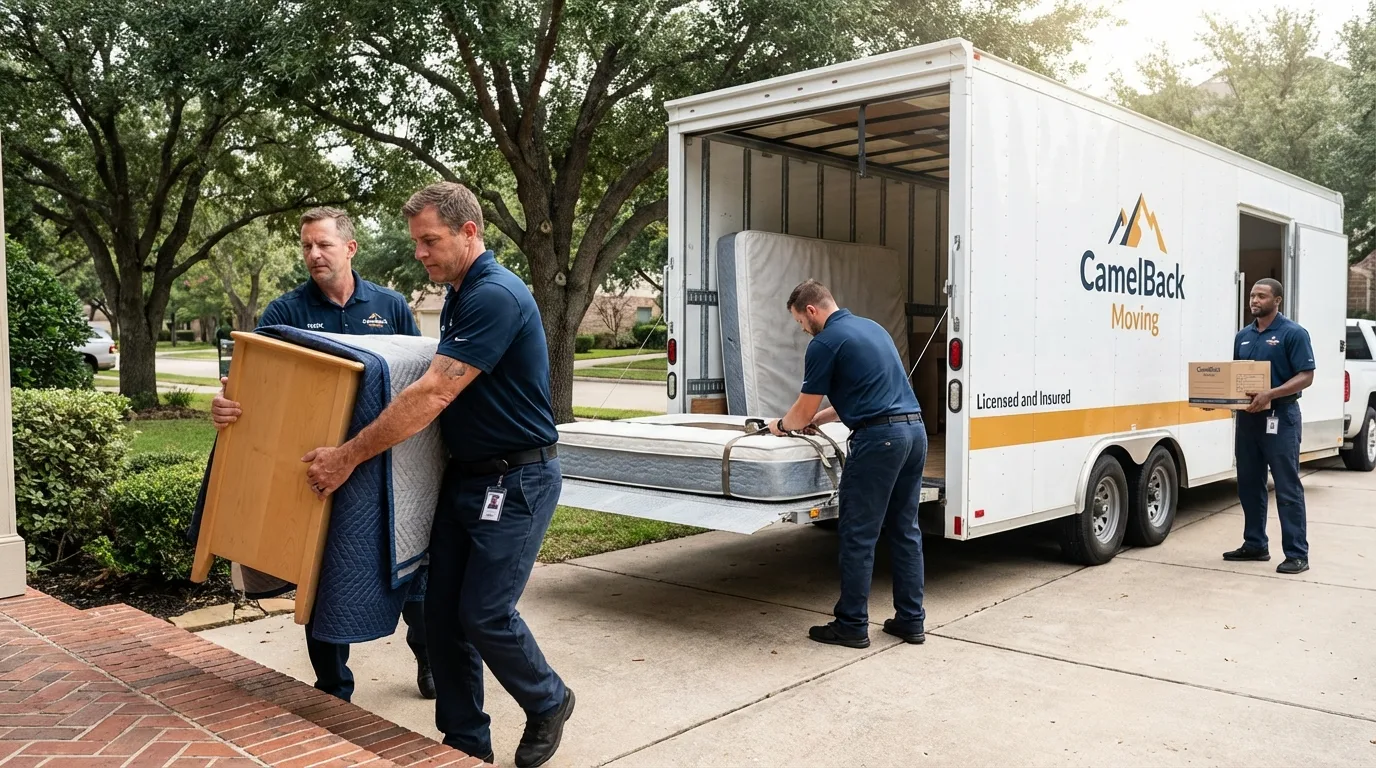 Crew loading residential truck for cross-state move from Great River, NY