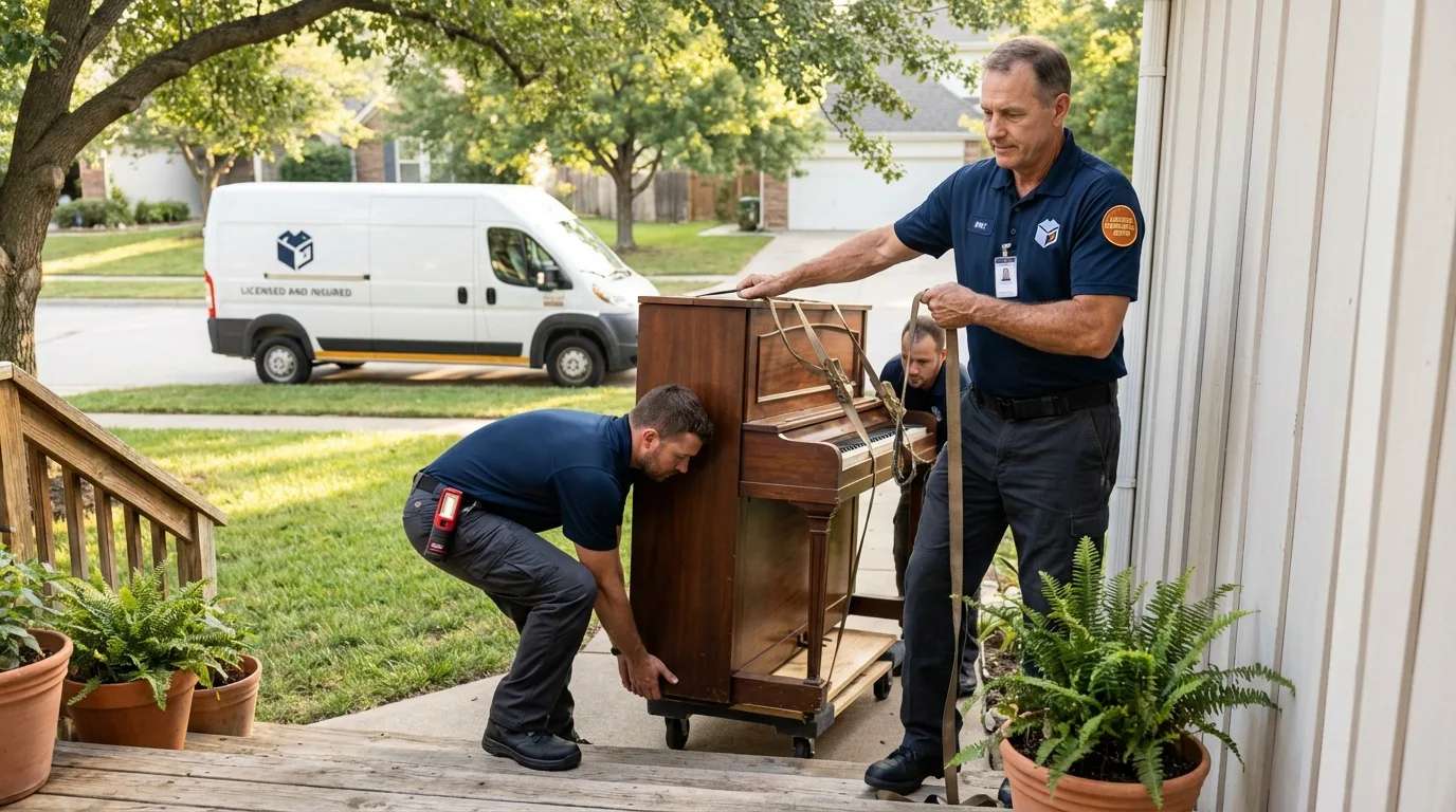 Licensed piano movers securing grand piano in Great River, NY