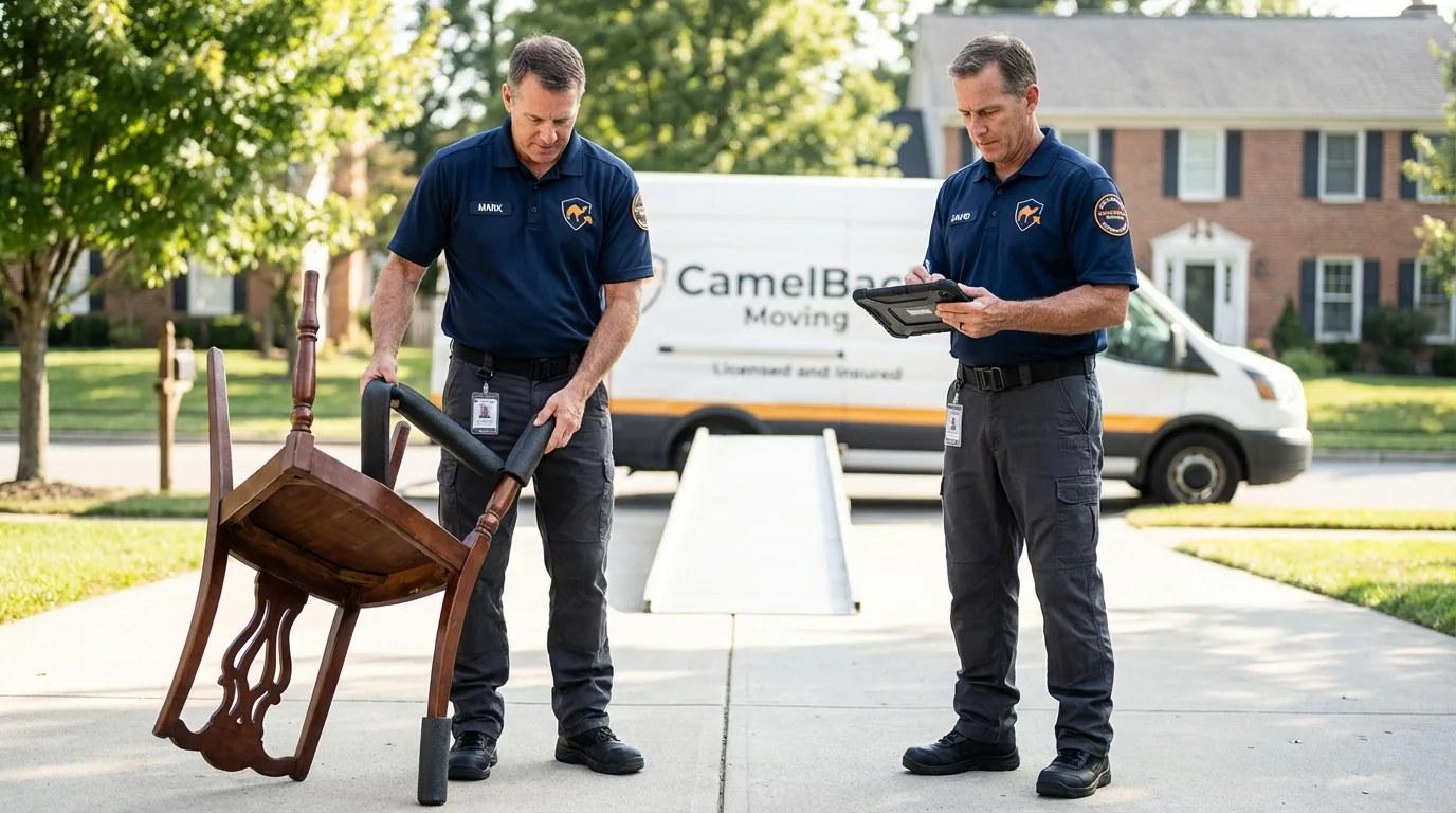 Movers inspecting furniture for damage prevention before loading in Great River, NY