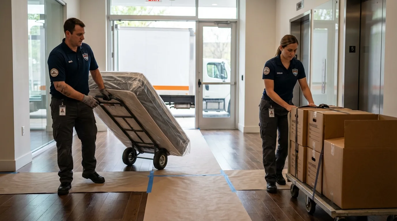 Professional apartment movers loading elevator in Great River, NY