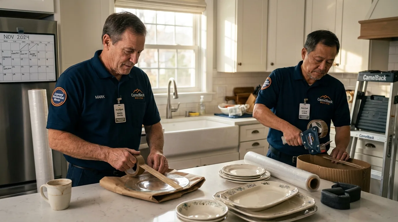 Professional crew packing kitchen dishware in Great River, NY